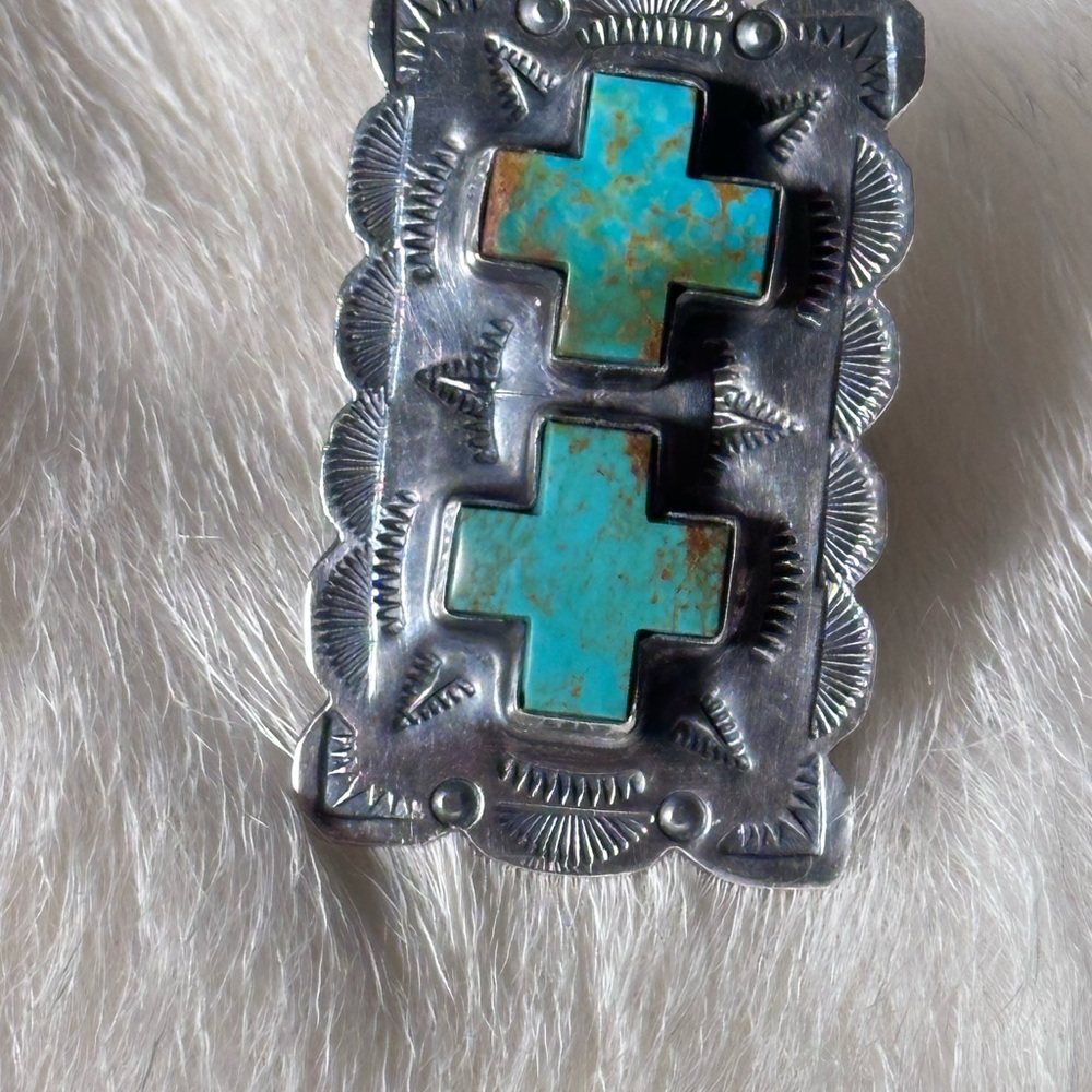 Vintage Native American Sterling Turquoise Signed Ring Adjustable Heavy 19 Grams - Picture 2 of 9